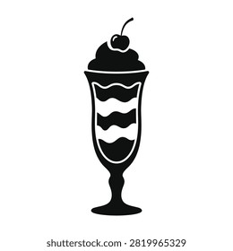 A simple black and white illustration of a sundae in a tall glass with whipped cream and a cherry on top