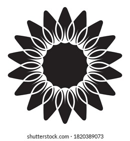 Simple black and white illustration of sunflower. Minimalist isolated image, perfect for a company or product logo. Symbolises growth, motion and development. Eco motif of flower and sun.