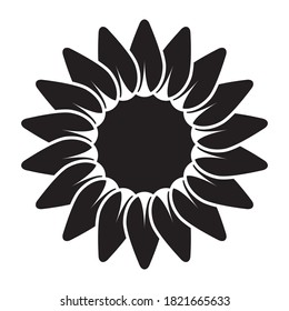 Simple black and white illustration of sunflower. Minimalist isolated image, perfect for a company or product logo. Symbolises growth, motion and development. Eco motif of flower and sun.