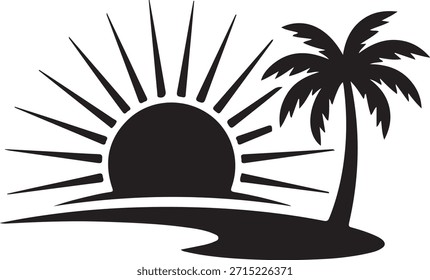 A simple black and white illustration of a sunset, palm tree, and island silhouette.