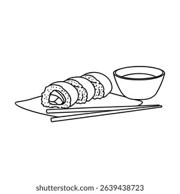 Simple black and white illustration of sushi rolls with dipping sauce and chopsticks