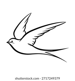 Uma simples ilustração em preto e branco de um pássaro de deglutição em voo gracioso.