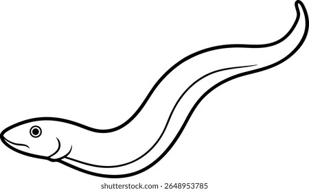 A simple black and white illustration of a swimming eel against a white background