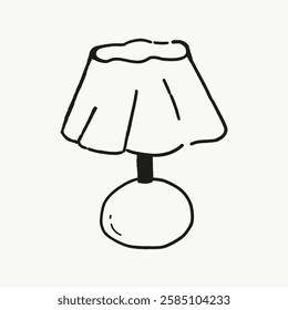 Simple black and white illustration of a table lamp with a round base and a pleated shade. Minimalist lamp design with a classic lamp shape. Simple line art vector.