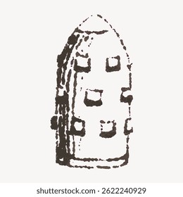 Simple black and white illustration of a tall, rounded building with small windows, resembling a tower or fortress, drawn in a sketchy, abstract style. Vintage illustration vector.