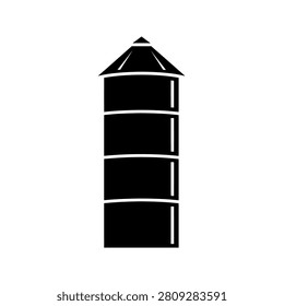A simple black and white illustration of a tall, cylindrical grain silo with a conical roof.