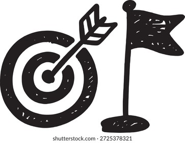 Einfache Schwarz-Weiß-Illustration eines Ziels mit einem Pfeil, der das Zentrum trifft, begleitet von einer Fahne auf einem Ständer, die Zielerreichung und Erfolg symbolisiert.