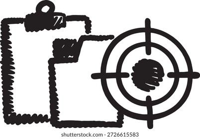 Simple black and white illustration of a target with a clenched fist at its center and a document marked with the number seven beside it.