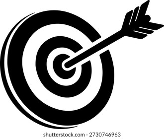 Una simple ilustración en blanco y negro de un objetivo con círculos concéntricos y una flecha golpeando el centro de la diana, simbolizando precisión y precisión