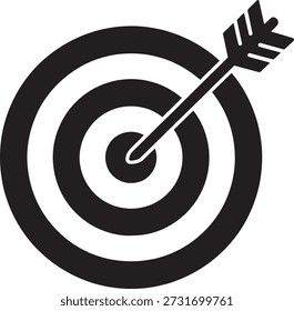 Ilustración simple en blanco y negro de un objetivo golpeado directamente por una flecha que simboliza la precisión y el logro.