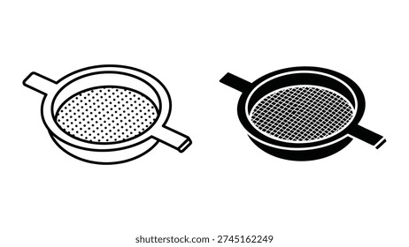Simple black and white illustration of a tea strainer, shown in outline and filled styles side by side.
