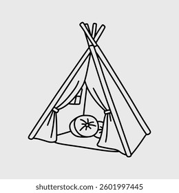 Simple black and white illustration of a teepee tent for kids to play inside