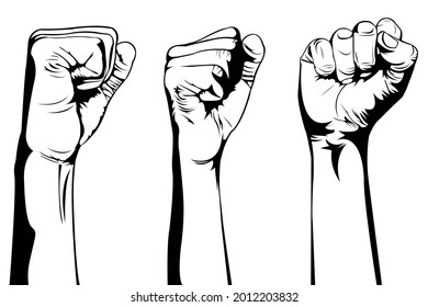 Simple black and white illustration of three hands that raise their fists up on white background. Human hands. Male Hands.Woman Hands. Body part. The Demonstrator. The warrior. Human rights .