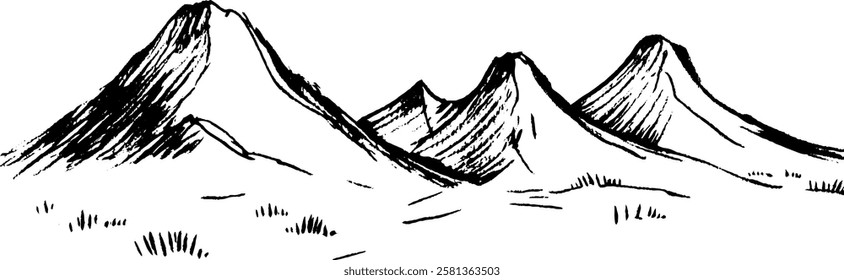 A simple black and white illustration of three mountains with sharp peaks, set against a plain background. The landscape features some grass patches in the foreground.