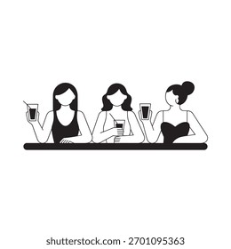 Una simple ilustración en blanco y negro de tres mujeres con bebidas, sentadas en un bar. Arte lineal minimalista.