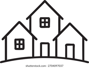 Simple ilustración en blanco y negro de tres casas con techos a dos aguas en una línea