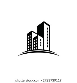 Simple ilustración en blanco y negro de tres rascacielos de la ciudad moderna