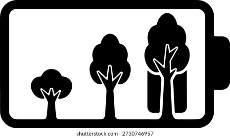 Uma ilustração simples em preto e branco de três árvores em um quadro retangular sobre um fundo branco puro, representando a natureza e o ambiente.