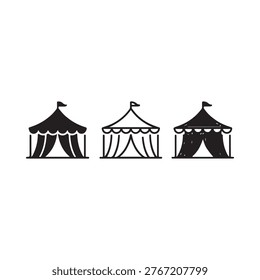 Simple black and white illustration of three circus tents in a row