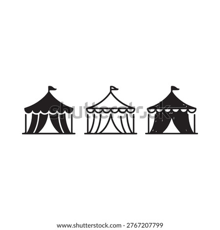 Simple black and white illustration of three circus tents in a row