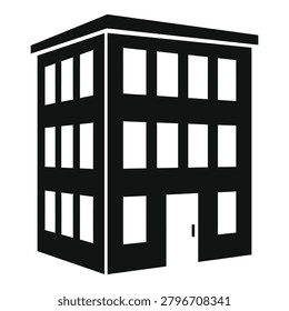 Simple black and white illustration of a threestory building with windows and door icon