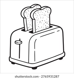Simple black and white illustration of toaster with bread slices in clean line style isolated on light background suitable for breakfast themes kitchen appliance content advertising and menu design