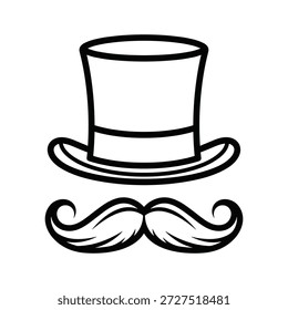 Ilustração simples em preto e branco de um chapéu e bigode em um fundo branco