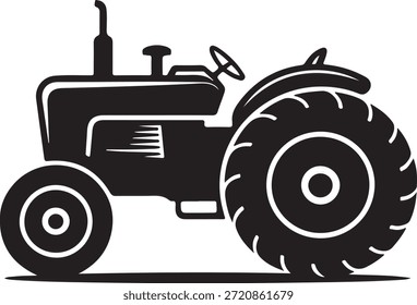 Simple black and white illustration of a tractor featuring large tires and basic design elements on a plain white background creating a clear and recognizable image.