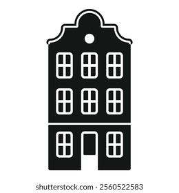 Simple black and white illustration of a traditional brick townhouse facade, featuring multiple windows and a central door