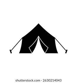 Simple black and white illustration of a traditional camping tent on a white background