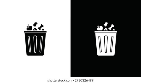 Una simple ilustración en blanco y negro de un bote de basura lleno de basura, presentado en un estilo contrastante.