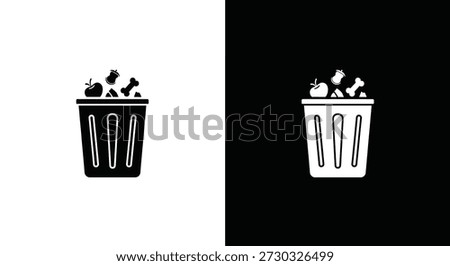 A simple black and white illustration of a trash can filled with garbage, presented in a contrasting style.