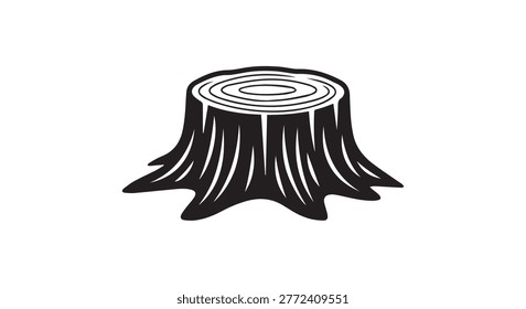 A simple black and white illustration of a tree stump with visible growth rings and rough bark texture.
