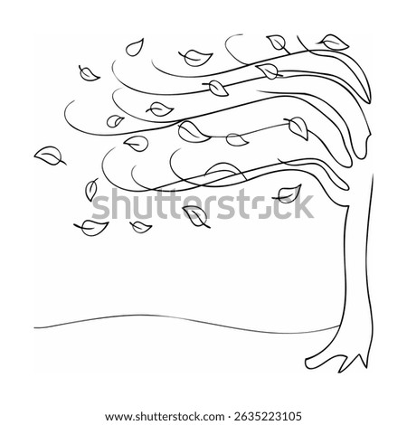 Simple black and white illustration of a tree with autumn leaves blowing in the wind