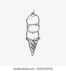 Simple black and white illustration of a triple-scoop ice cream cone with a cherry on top. Ice cream cone drawing, perfect for dessert-themed designs. Line art illustration vector.
