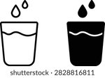 Simple black and white illustration of two cups, one filled with water and the other dark, with raindrops falling into them, symbolizing contrast
