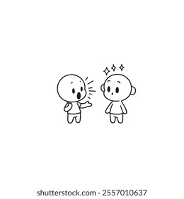 Simple black and white illustration of two cartoon characters having an animated conversation. One character expresses wonder with sparkling effects above their head.