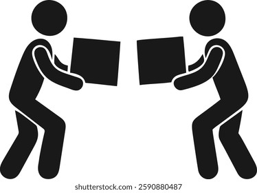 Simple, black and white illustration of two stick figures carrying boxes.