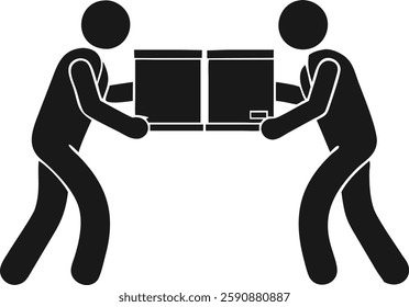A simple, black and white illustration of two people, represented as stick figures, collaboratively carrying a large box.