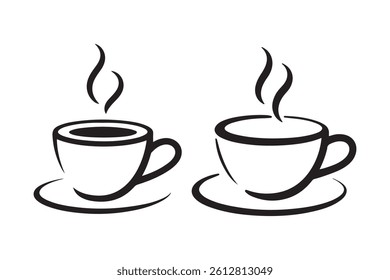 Simple, black and white illustration of two coffee cups with steam rising.