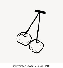 Ilustração simples em preto e branco de duas cerejas. Design minimalista de cereja com duas cerejas ligadas por hastes. Cerejas desenhadas à mão sobre um fundo plano. Vetor de ilustração de fruta.