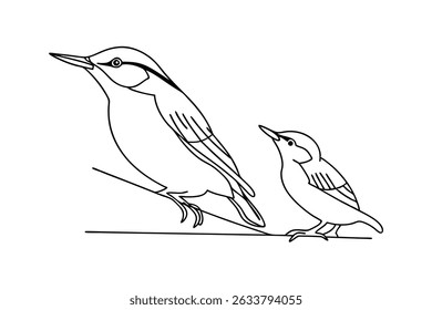 Simple black and white illustration of two birds perched on a branch looking upwards