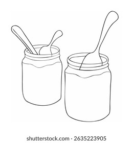 Simple black and white illustration of two glass jars with spoons inside each container