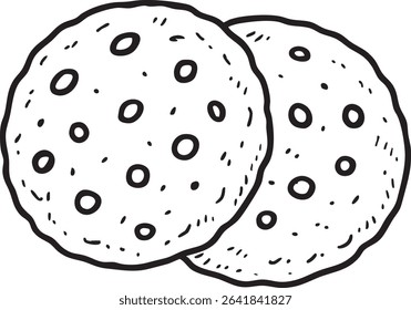A simple black and white illustration of two chocolate chip cookies, ideal for coloring or baking related projects.