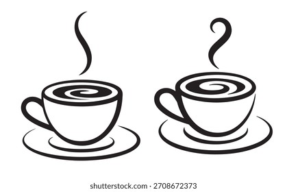 Simple black and white illustration of two coffee cups with steam rising.