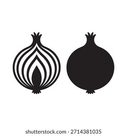 Simple ilustración en blanco y negro de dos cebollas una detallada una sólida