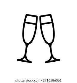 Uma ilustração simples em preto e branco de duas flautas de champanhe brindam, representando alegria.