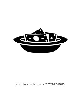 Ilustração simples em preto e branco de duas fatias de queijo com buracos em uma tigela rasa.