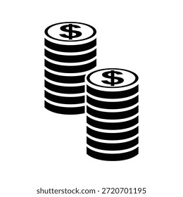A simple black and white illustration of two stacks of coins with dollar signs on top, representing wealth and finance.