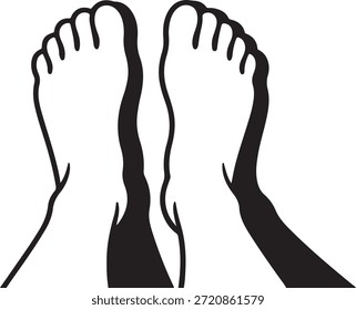 Einfache schwarz-weiße Illustration von zwei Füßen mit aufgerollten Zehen auf einfarbigem weißem Hintergrund, die Fußpflege oder Fußgesundheit und Wellness-Konzepte symbolisieren.